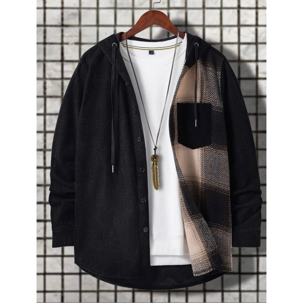 [NEW] Men Plaid Hooded Front Button Coat
